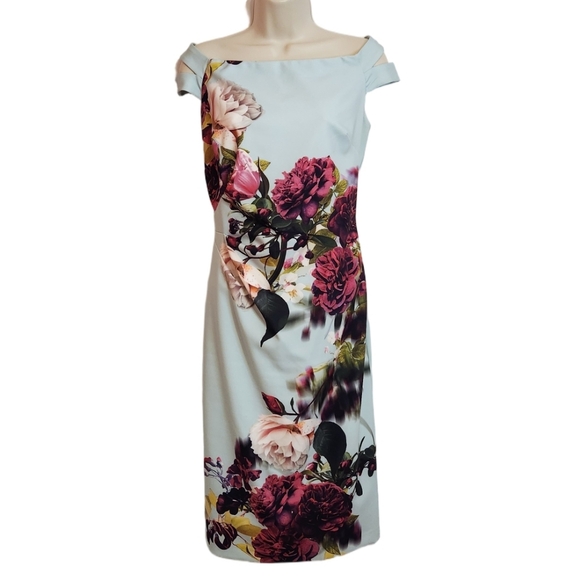 Ignite Evenings Dresses & Skirts - Ignite Evenings Off The Shoulder Floral Cocktail Fitted Dress Aqua Multi-Color 8